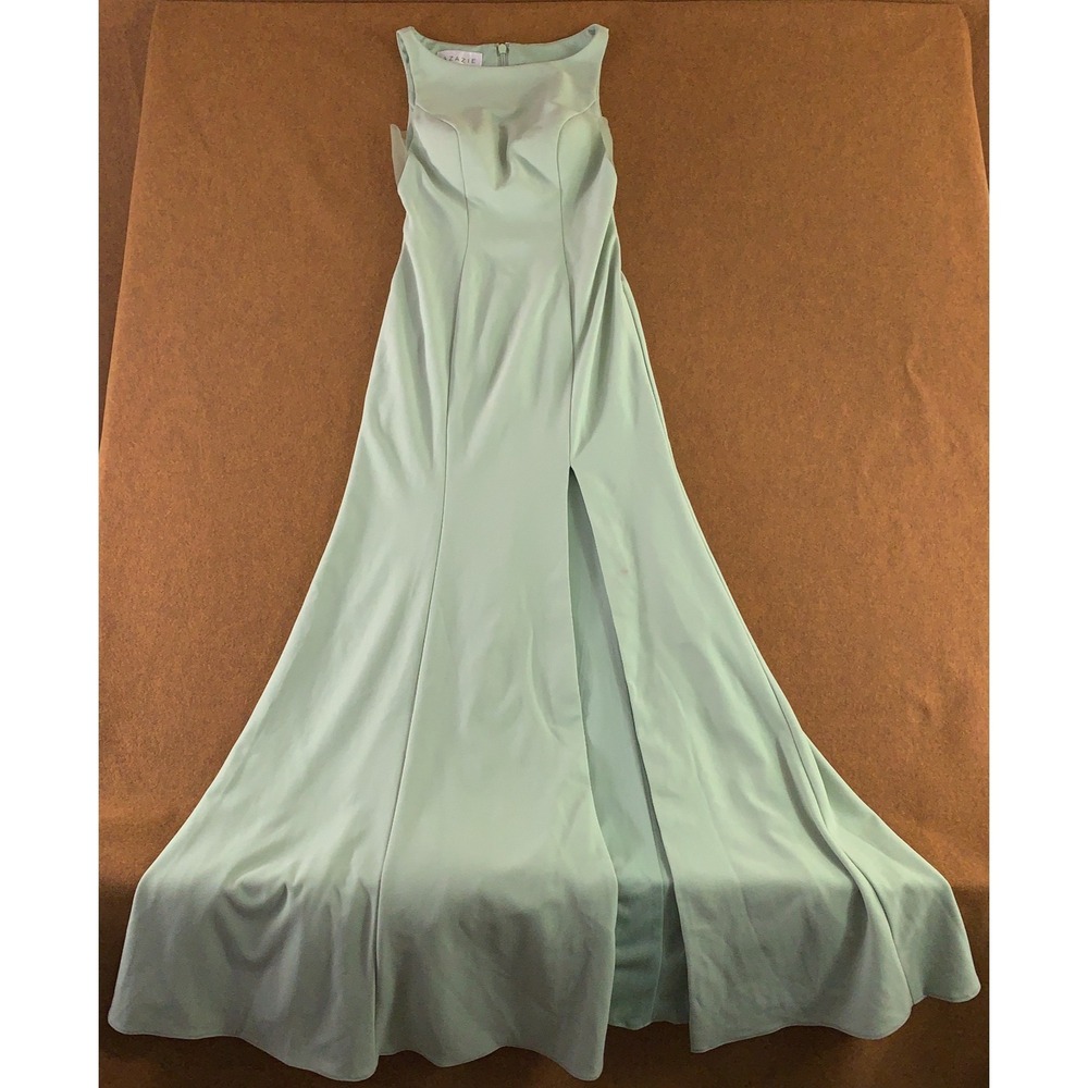 Azazie Womens Medium Dusty Sage Crepe Mermaid Scoop Side Slit Dress NWT *Flaw